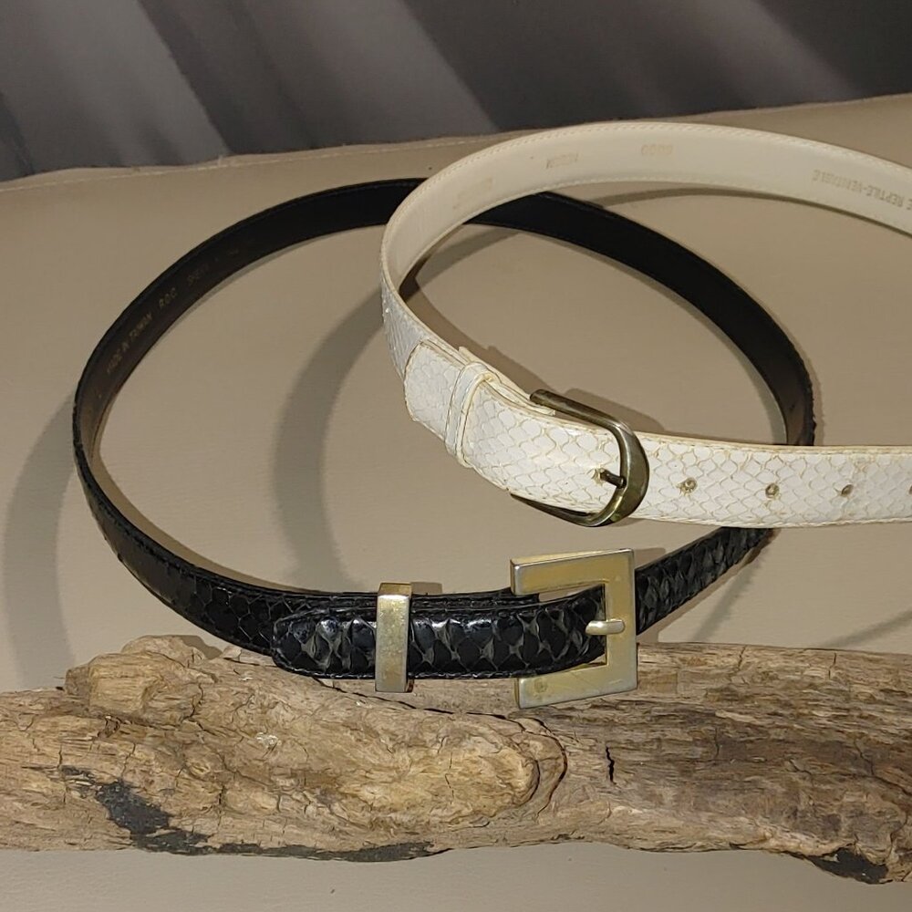 Snakeskin Reptile Dress Belts Lot  Gold Tone Buckles ML  Vintage Black White